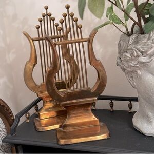 Vintage Brass Bookends, Sadek Lyre, Harp Style Solid Brass Bookends
